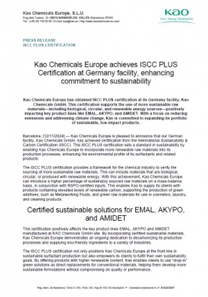 Kao Chemicals Europe achieves ISCC PLUS Certification at Germany facility