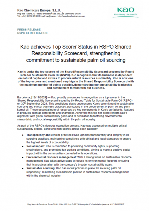 Kao achieves Top Scorer Status in RSPO Shared Responsibility Scorecard, strengthening commitment to sustainable palm oil sourcing