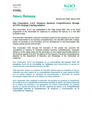 Kao Corporation, S.A.U. Advances Business Competitiveness through ACCIÓ's Strategic Funding Initiative